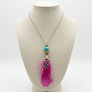 Pink Feather Pendant Necklace | Boho Silver Chain Jewelry | Turquoise Beads